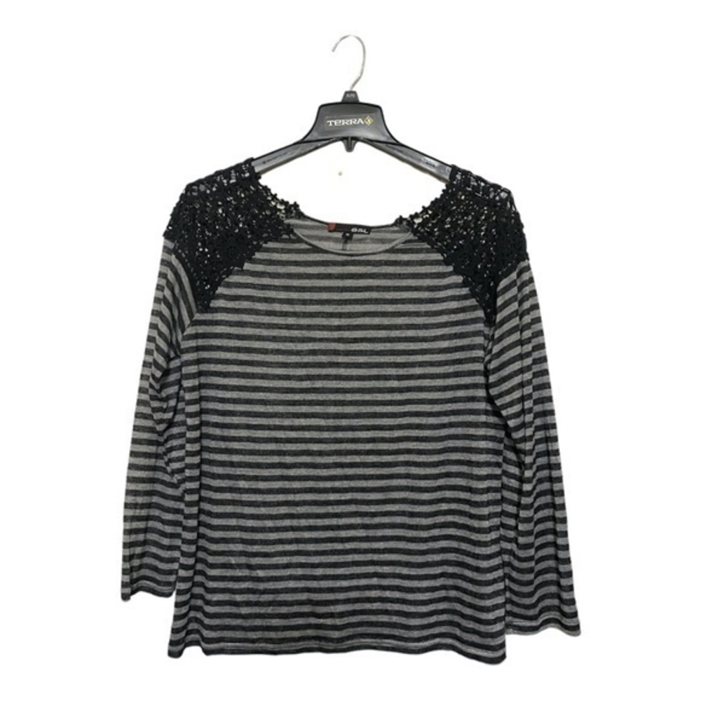 GSL Collection Womens Long Sleeve Shirt Striped Lace Accents Size 1X